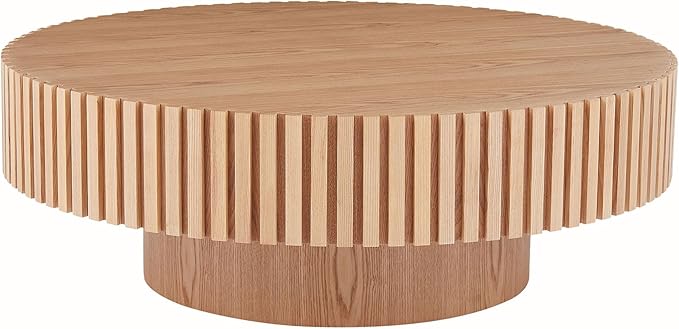 39.4" Oak Round Coffee Table Wood, Modern Drum Fluted Circle Coffee Table for Living Room, Contemporary Low Center Table Side Table for Apartment, Farmhouse, Office, mesa de Cafe, Natural Ash