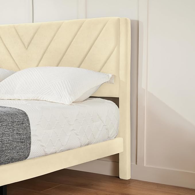 Queen Bed Frame with Headboard, Bed Frame Queen Size with Sturdy Wooden Slats Support, Platform Bed Frame with Velvet Upholstered Headboard, Mattress Foundation, Easy Assembly, No Box Spring Needed