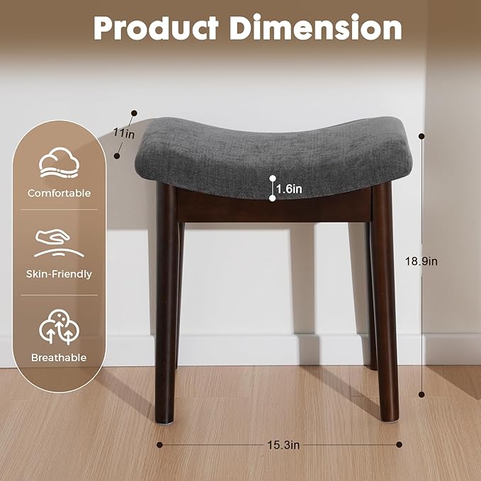 Square Linen Makeup Stool Small Ottoman Stool Chair for Vanity, Modern Padded Seat Foot Rest for Makeup Room, Bathroom (Classic-Gray)