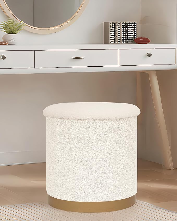 B FSOBEIIALEO Ottoman with Stroage, Round Boucle Storage Ottoman with Gold Plating Base,Foot Rest Stool for Dorm Room, Living Room White, 16.73"x16.73"x17.72"