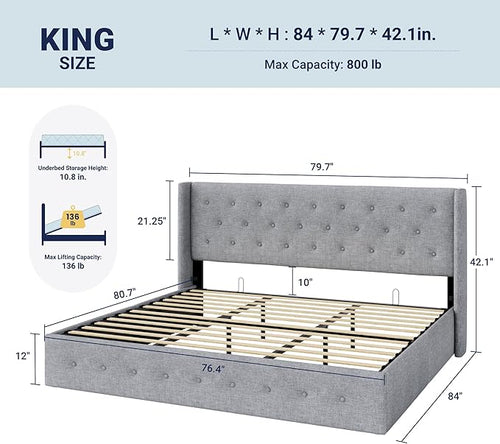 Allewie King Size Lift Up Storage Bed, Button Tufted Headboard with Wingback, Hydraulic Support, No Box Spring Needed, Light Grey