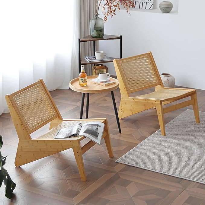 MBOOYOME Mid Century Modern Accent Chair Set of 2 for Living Room, Low Armless Lounge Chair with Solid Wood Frame, Comfy Armchair for Bedroom and Balcony, Wood