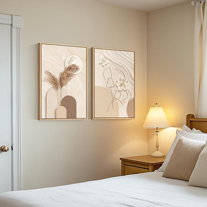 Framed Neutral Abstract Wall Art, Set of 2 Tan and Cream Beige Canvas Prints Paintings Artwork for Walls, Woman Silhouette Pictures for Living Room Dining Room Bedroom Office Wall Decor 16x24 Inch