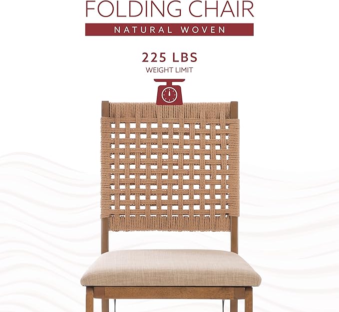 Linon Bennett Natural Folding Chair with Woven Rope Back and Linen Upholstered Seat Set of 2