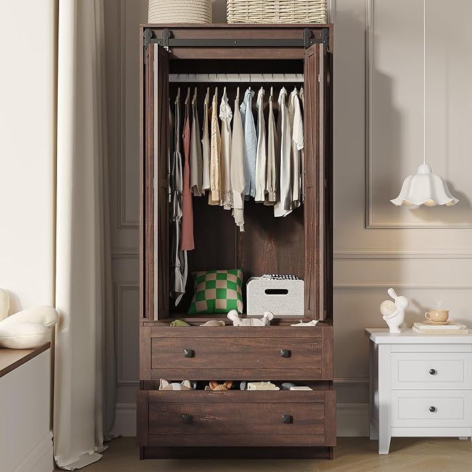 Maupvit Farmhouse Armoire with 2 Folding Sliding Barn Doors and Drawers 70.9" Tall Wooden Bedroom Wardrobe Closet with Spacious Storage Cabinet with Hanging Rod for Bedroom, Dark Brown
