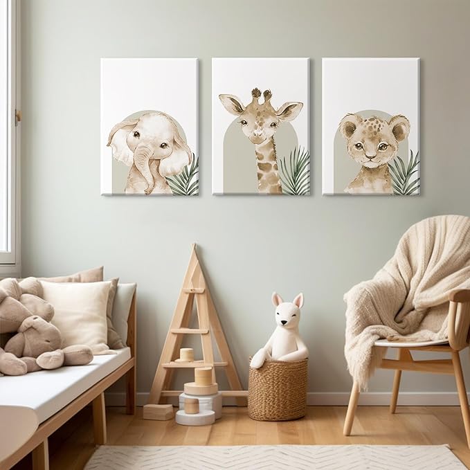 Nursery Animal Wall Art Decor Safari Jungle Nursery Pictures Baby Boy Room Canvas Wall Decor Woodland Animals Prints Safari Giraffe Artwork for Boys Kids Bedroom 16x24 Inch Wrapped Canvas Set of 3