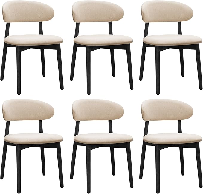 Farmhouse Dining Chairs Set of 6, Mid Century Modern Fabric Upholstered Kitchen Chairs, Wooden Dining Room Chair with Curved Back&Black Legs for Kitchen Dining Room Restaurant Cafe, Beige, Only Chairs