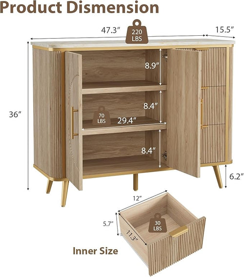 47.3" Modern Buffet Cabinet with Storage, Kitchen Sideboard Buffet with 2 Door & 3 Drawers, Fluted Caffee Bar Storage Cabinet for Dining Room, Living Room, Entryway, Natural Oak