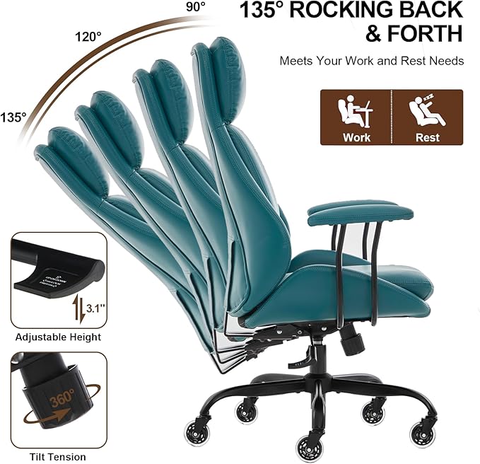 E-Motie Office Chair, Leather Desk Chair with Rubber Wheels, Ergonomic Computer Chair 500 LBS with Lumbar Support, High Back Executive Chair for Modern Home Office, Green