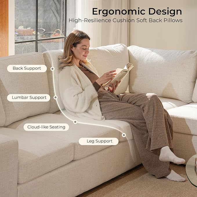 ELUCHANG 113" V-Shaped Modular Sectional Sofa Couch, Modern 7-Seat Comfy Linen Deep Seat Sofa with Corner, Removable Cover, Easy Assembly, Large Sofas & Couches for Living Room, Office, Beige | Spring Cushions, Easy to Clean, Deep Seat