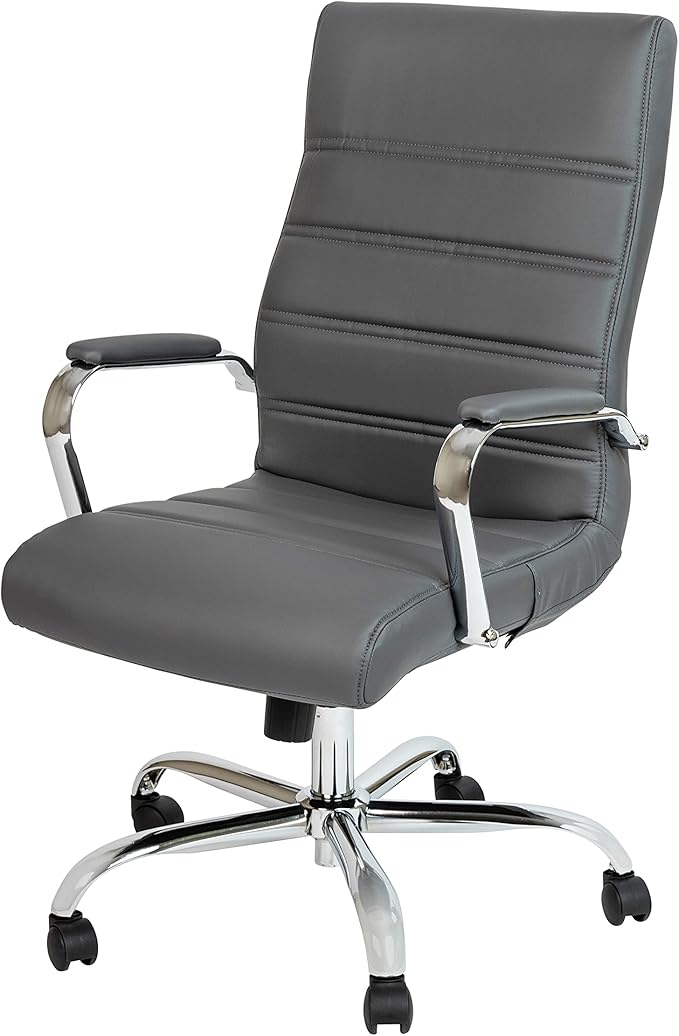 Flash Furniture Whitney High-Back Swivel LeatherSoft Desk Chair with Padded Seat and Armrests, Adjustable Height Padded Office Chair, Gray/Chrome
