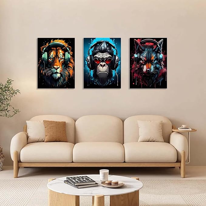 3 Piece Framed Canvas Wall Art, Modern Animal DJ Wall Decor with Lion, Monkey and Wolf, Colorful Pop Art Artwork for Living Room Bedroom Office Gaming Room, 12x16 Inch