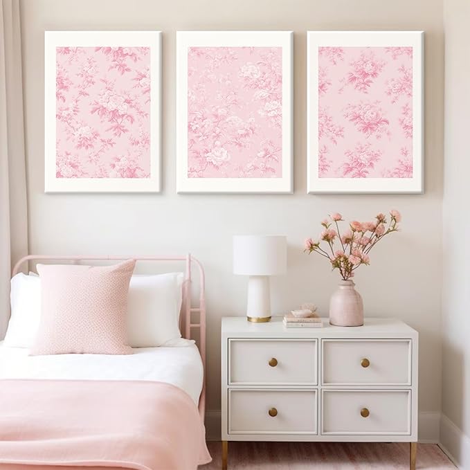 Pink Floral Wall Art Chinoiserie Flower Wall Decor Pictures Aesthetic Canvas Wall Art Love Shack Fancy Poster Vintage Floral Prints for Living Room Bedroom 16x24 Inch Framed Set of 3