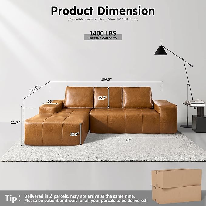 ovios 106" Cloud Boneless Couch with L-Shape Chaise,Modern Sectional Modular Sofa with Deep Seat, Upholstered Couches for Living Room Bedroom,No Assembly Required, Brown