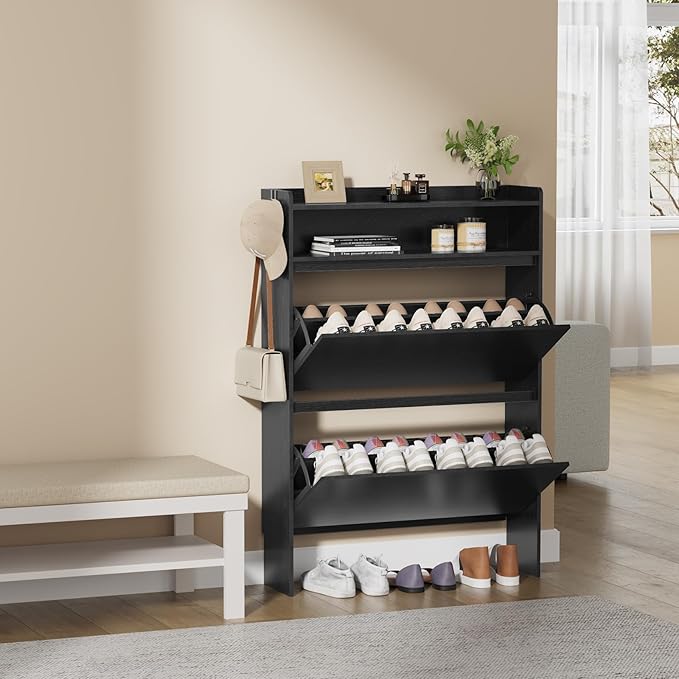 Shoe Cabinet Organizer with 2 Flip Drawers，Freestanding Shoe Rack Cabinet, Shoe Cabinet Storage for entryway, Foyer, Hallway, Black, 31.5" W