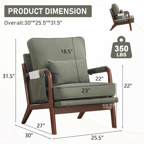 ANJ Mid Century Modern Accent Chair Set of 2, Lounge Reading Armchair with Extra Side Pocket & Detachable Cushion, Comfy Fabric Accent Chairs for Living Room, Bedroom, Green