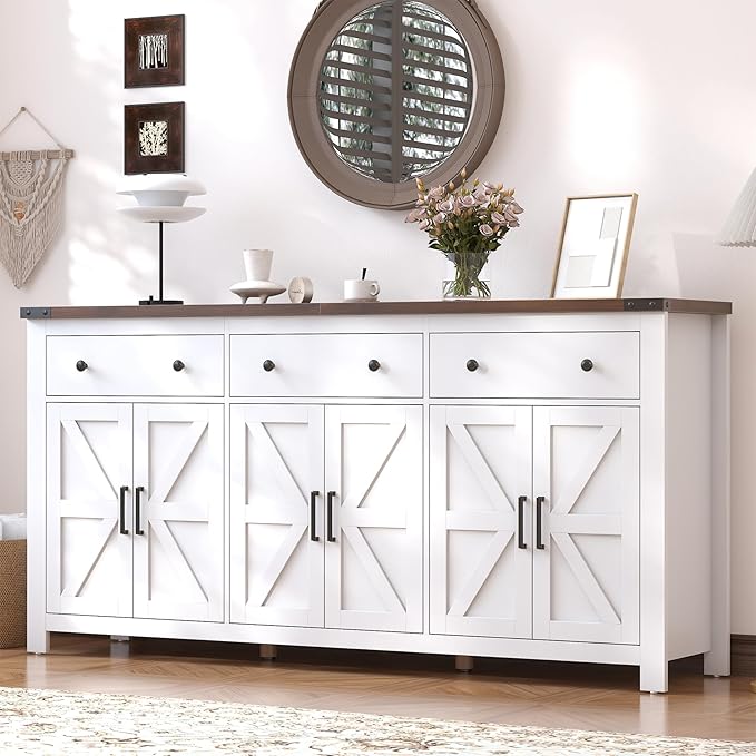 VVFLU 71" Large Sideboard Buffet Cabinet with Storage, Modern Farmhouse Coffee Bar with 3 Drawers and 6 Barn Doors, Dining Room Storage Cabinet, for Kitchen, Living Room, White Wood