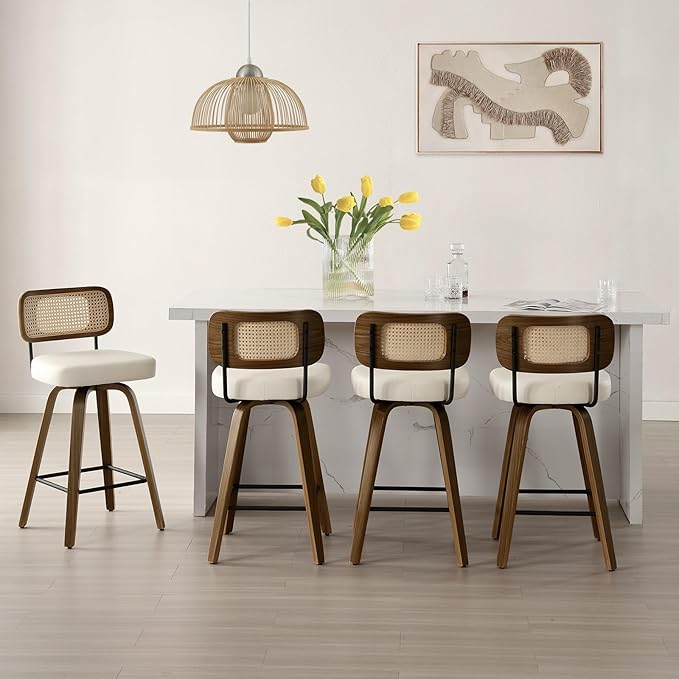 Bekrvio Swivel Counter Height Bar Stools Set of 4, Upholstered Faux Leather Barstools with Rattan Back, 26" Seat Height Bar Chairs for Kitchen Island, Bentwood Wood Frame, Cream White