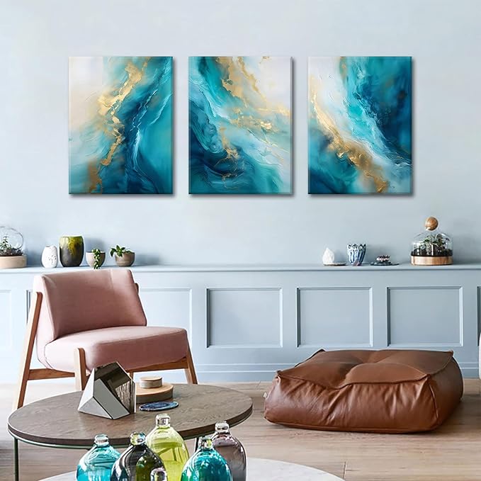 Teal Gold Canvas Wall Art Set of 3 Abstract Aqua Blue Gold Marble Fluid Wall Decor Pictures Neutral Modern Minimalist Posters Prints for Living Room Bedroom Home Decoration 12x16in