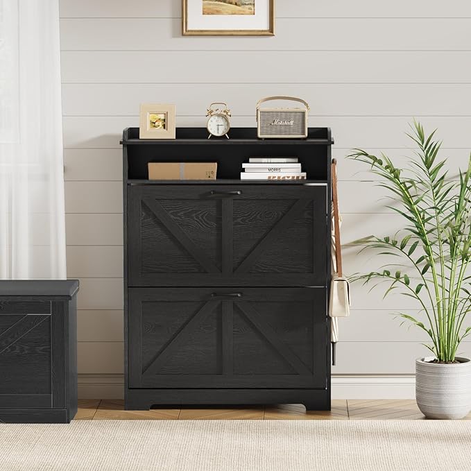 Shoe Cabinet Organizer with 2 Flip Drawers, Farmhouse Narrow Shoe Cabinet with 2 Adjustable Shelves & 2 Hooks, Shoe cabinet storage for entryway, Foyer, Hallway, Black, 31.5"W x 8.7"D x 41.7"H