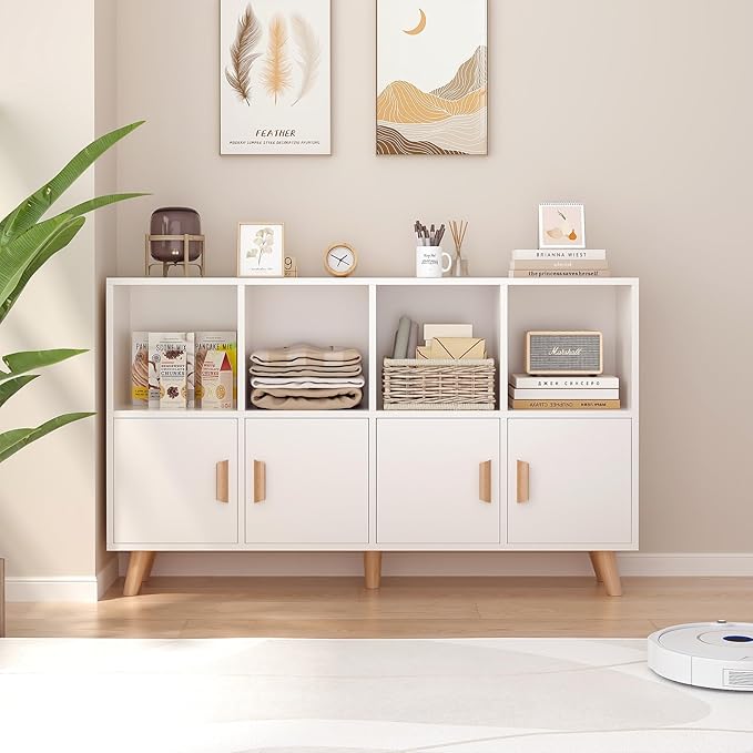 OSCHF Cubby Shelf Bookcase with Doors - Wooden 8 Cube Floor Standing Open Bookshelf with Solid Wood Legs, 2-Tier Low Storage Cabinet, Warm White