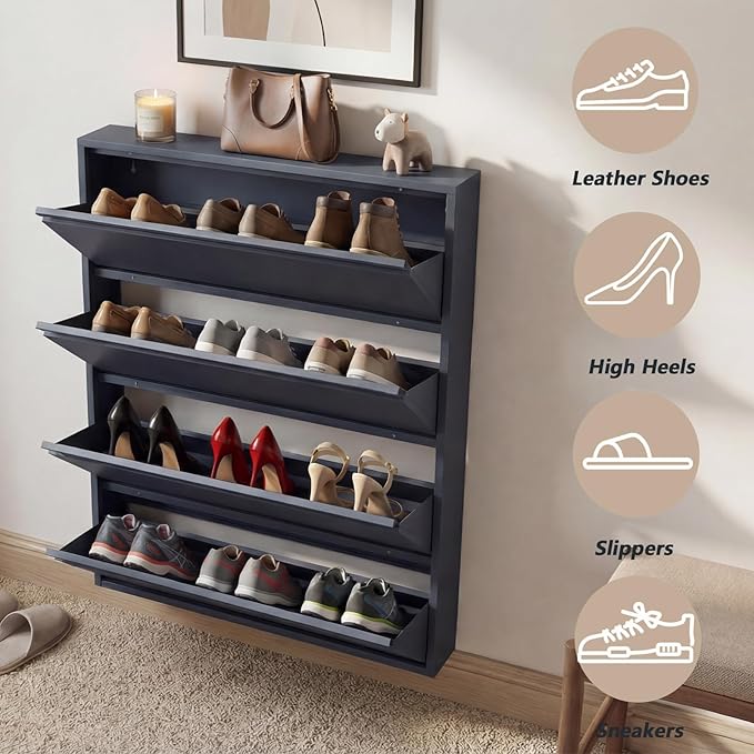 LUCYPAL Shoe Storage Cabinet with 4 Flip Drawers,Hidden Slim Shoe Cabinet,Wall Mount Metal Shoe Cabinet for Entryway, Blue
