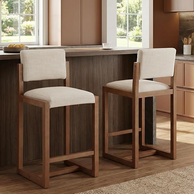 DUOMAY Modern Bar Stools Set of 2, 26" Counter Height Barstools, Linen Upholstered Kitchen Island Chair with Wood Legs for Home Bar Coffee Shop, Beige