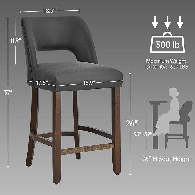 VKNOW 26" Bar Stools Set of 2, Faux Leather Counter Height Bar Stools with Backrest and Rubberwood Legs, Upholstered Barstools for Kitchen Island, Bar and Dining Room, Black