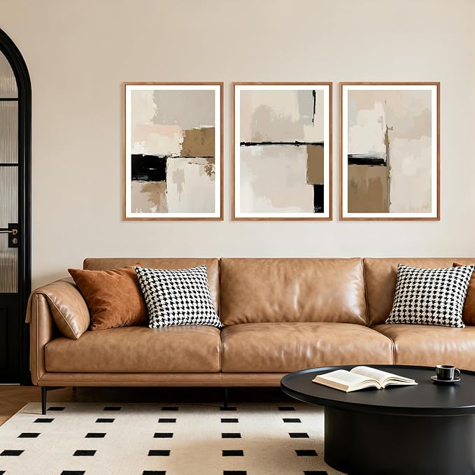 HPINUB Modern Abstract Framed Canvas Wall Art Set,(Set of 3,12X16 Inch) Geometric Line Black White and Beige Textured Wall decor Neutral Gray Minimalist Art Print for Living Room,Dining Room,Office