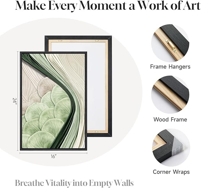 Framed Green Abstract Wall Art Bedroom, 3 Piece Botanical Modern Minimalist Canvas Print Artwork for Walls, Leaf Paintings Pictures for Small Living Room Dining Room Office Wall Art Decor, 16x24 Inch