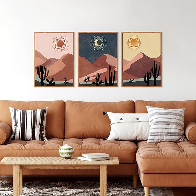 HPNIUB Boho Desert Framed Canvas Wall Art Set, Abstract Sun Moon Art Prints, Modern Cactus Paintings Artwork, Mid Century Southwestern Landscape Wall Decor for Living Room, Office(Set of 3,12X16 Inch)