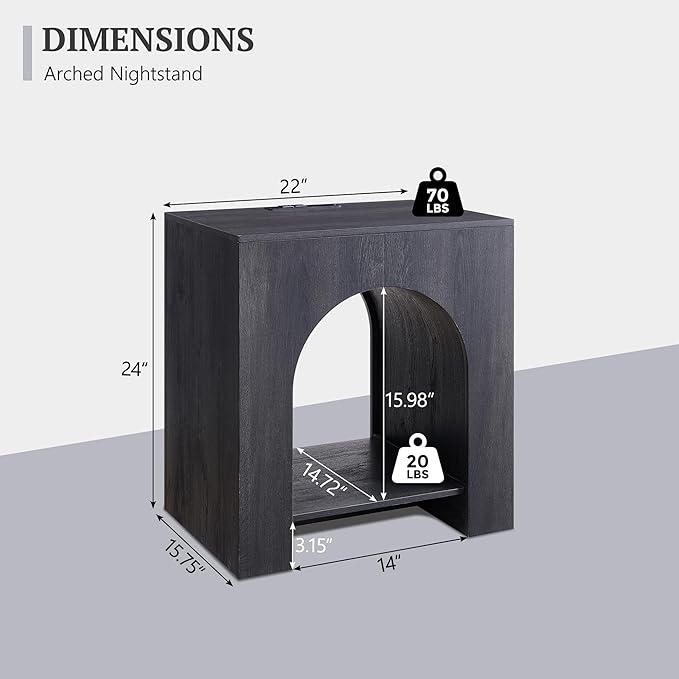 Arched End Table Set of 2 with Type-C Charging Station, 22" Modern Bedroom NightStand with Arched Shelf, Side Table with Outlet, USB, Type-C Port for Bedroom, Dark Grey
