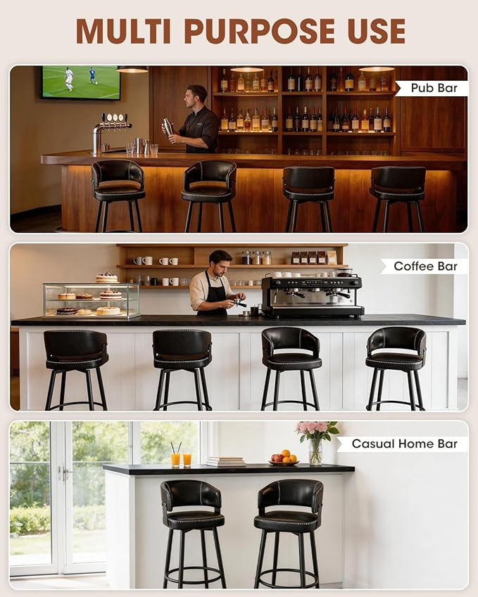 Bar Stools Set of 6, 30" Swivel Bar Height Bar Stools with Curved Back, Mid-Century Modern Faux Leather Bar Chairs with Stitching for Kitchen Island, Dining, Living Room, Vintage Black