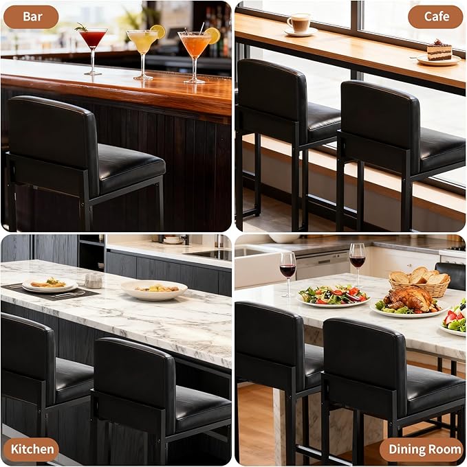GarveeHome Bar Stools Set of 4, Modern Counter Height Bar Stools with Back and Footrest, Faux Leather Upholstered Barstools Chairs for Kitchen Island Dining Room Bar, Black