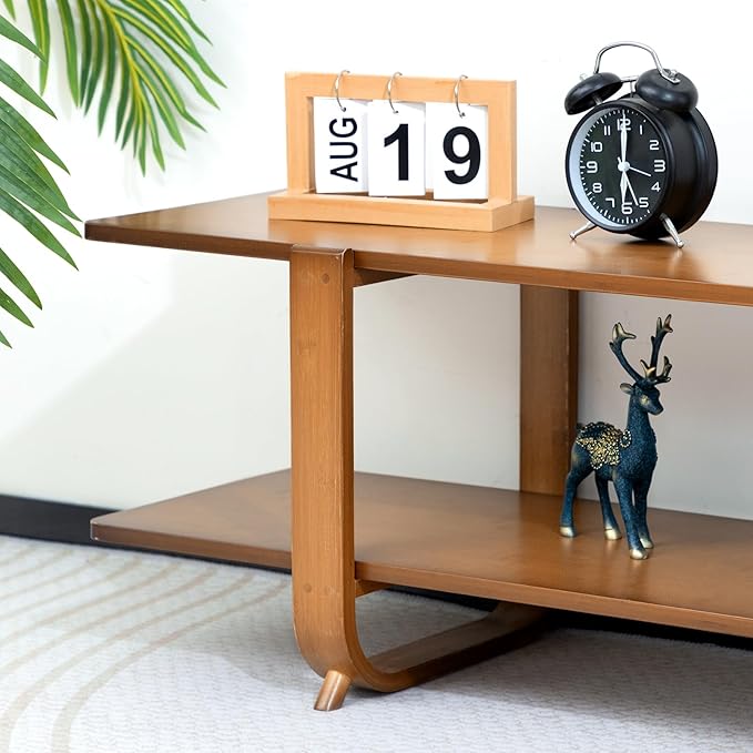 HollyHOME Bamboo TV Stand with Storage for TVs up to 65'', Modern Entertainment Center with 2 Open Shelf, Accent Media Console Table for Living Room, Bedroom, 55"(L), Walnut