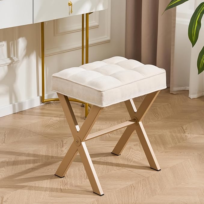 Modern Square Foot Stool Ottoman, Upholstered Vanity Chair with Metal X-Legs & Soft Linen Fabric - Versatile Seat and Footrest for Makeup, Living Room, Bedroom & Entryway(X-Yellow-White)