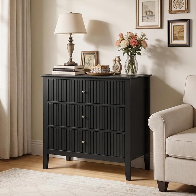 RoyalCraft Black Fluted 3 Drawer Dresser, 32 inch Wide Dresser Nightstand for Bedroom, Modern Wood Chest of Drawers, Large Painted Nightstand with 3 Drawers for Closet, Hallway, Entryway