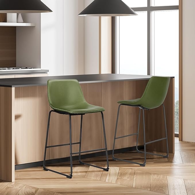 DUMOS 26 Inch Counter Height Bar Stools Set of 2, Modern Faux Leather High Barstools with Back and Metal Leg, Bar Chairs for Kitchen Island, Green
