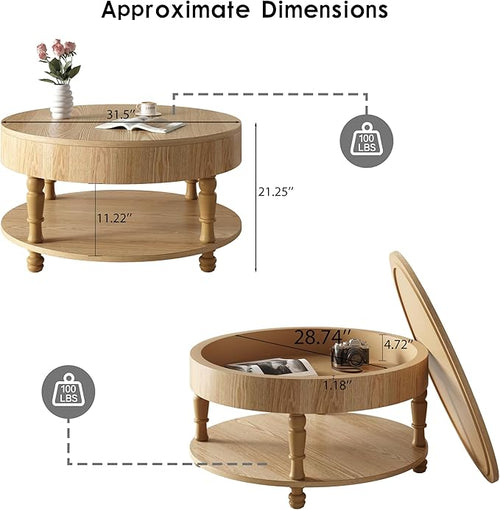 31.5" Round Coffee Table with Storage, 2 Tier Modern Center Table, Adjustable Leveling Feet, Easy Assembly, Wood Coffee Table for Living Room, Apartment, Small Space. (Natural Wood)