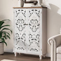 JOINICE 47" Tall Accent Cabinet with Carved Doors, Distressed White Wood Storage Cabinet with 3-Tier Shelves, Boho Farmhouse Sideboard Buffet for Small Spaces, Entryway & Living Room