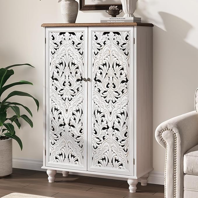 JOINICE 47" Tall Accent Cabinet with Carved Doors, Distressed White Wood Storage Cabinet with 3-Tier Shelves, Boho Farmhouse Sideboard Buffet for Small Spaces, Entryway & Living Room