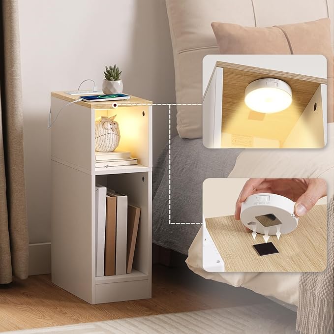 MAHANCRIS Narrow Nightstand with LED Light, Narrow End Table with Charging Station, Skinny Bedside Table for Small Spaces, Mid Century Modern Night Stand for Bedroom, Natural and White ETNW30E01