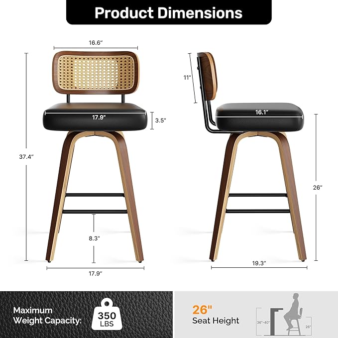 Swivel Bar Stools Set of 1, 26" Upholstered Faux Leather Counter Height Barstools with Rattan Back & Bentwood Legs, Mid Century Modern Bar Chairs Island Stools for Kitchen Counter, Black