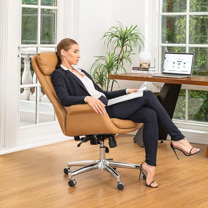 Glitzhome Modern Executive Office Chair, High Back PU Leather Ergonomic Computer Desk Chair, Adjustable Height Swivel Office Task Chair with Lumbar Back Support (Camel)