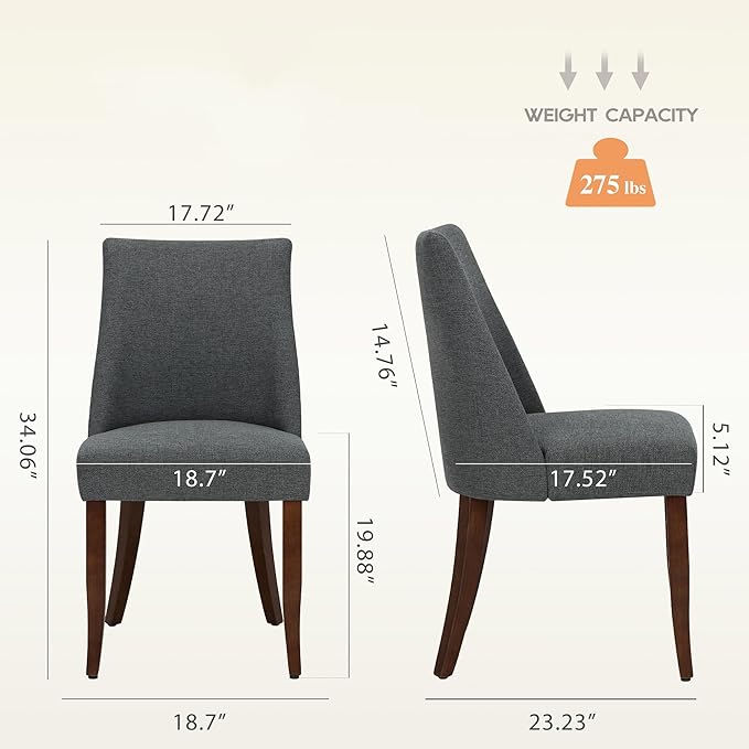 Wooden Dining Chairs Set of 2, Upholstered Farmhouse Fabric Dining Room Chair, Mid Century Kitchen Chair for Restaurant & Cafe, Dark Grey
