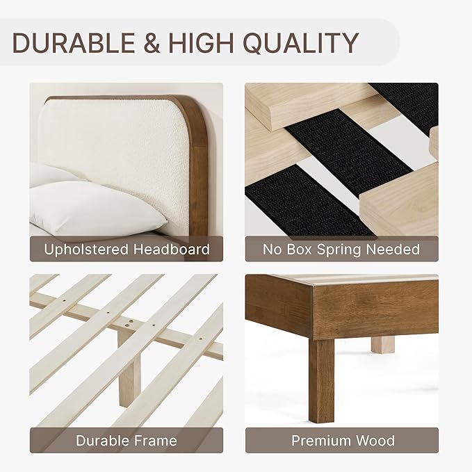 KISLOT Wood Bed Frame with Upholstered Headboard, Mid-Century Boucle Fabric Platform Modern Bed Mattress Foundation Noise-Free No Box Spring Needed Easy Assembly