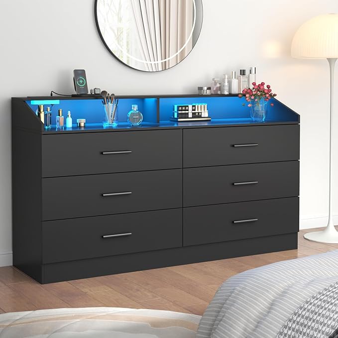 Gyfimoie 6 Drawer Dresser with Power Outlet, Chest of Drawers with LED Light, Modern Dresser with Open Storage Cubby, Double Wide Dressers Organizer for Bedroom, Living Room, Entryway, Hallway