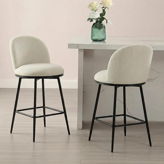 26" Counter Height Swivel Bar Stools Set of 2, Upholstered Linen Fabric Barstools with Backs and Metal Legs for Kitchen Island,Linen