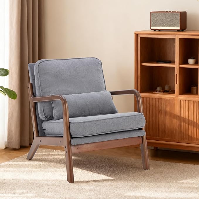 DUMOS Accent Chairs Set of 2,Mid Century Modern Chair with Arms and Waist Cushion, Reading Chairs for Adults, Lounge Chair for Living Room and Bedroom, Solid Wooden Frame,Classic Grey