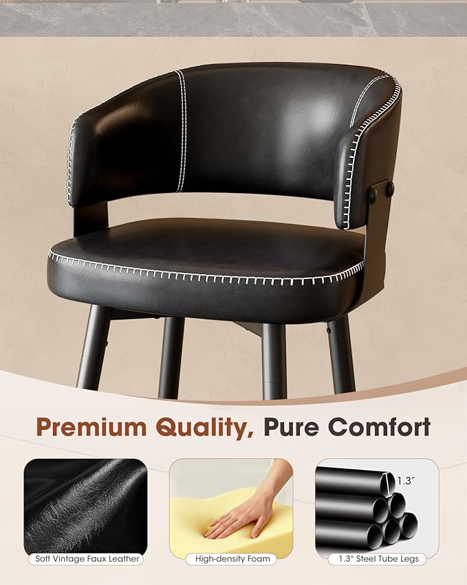 Bar Stools Set of 4, 30" Swivel Bar Height Bar Stools with Curved Back, Mid-Century Modern Faux Leather Bar Chairs with Stitching for Kitchen Island, Dining, Living Room, Vintage Black